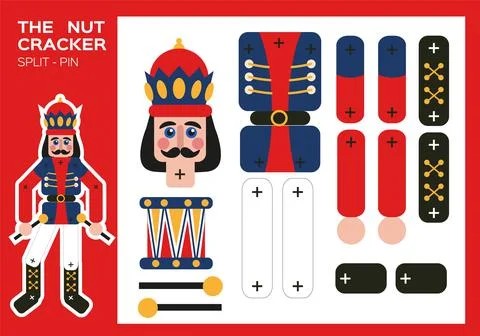 Nutcracker Split-Pin Paper Cut Game. Christmas craft activity for kids. Enjoy Illustrazione stock