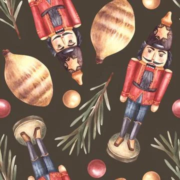 The Nutcracker, spruce branch and Christmas tree hand painted watercolor 스톡 일러스트