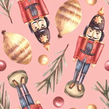 The Nutcracker, spruce branch and Christmas tree ornaments. Seamless pattern Illustrazione stock