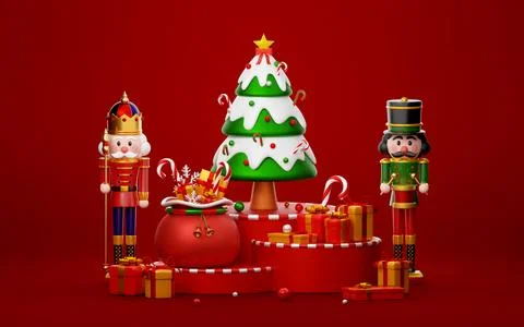 Nutcracker standing by Christmas tree and presents on podium, 3d illustration Stock Illustration