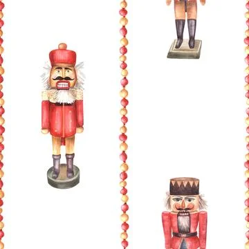 Nutcracker toy and vertical striped garland beads Christmas seamless pattern Illustrazione stock