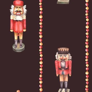 Nutcracker toy with anise star and balls garland Christmas seamless patten Illustrazione stock
