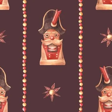 Nutcracker toy with anise star and balls garland Christmas seamless patten Illustrazione stock