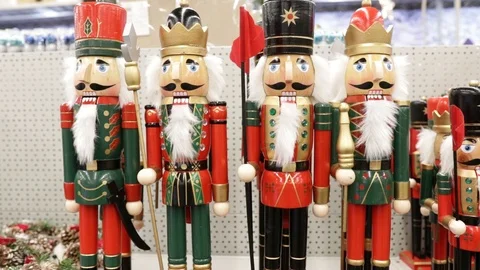 Nutcracker toy several pieces stand in a row close-up Stock Footage 121108205
