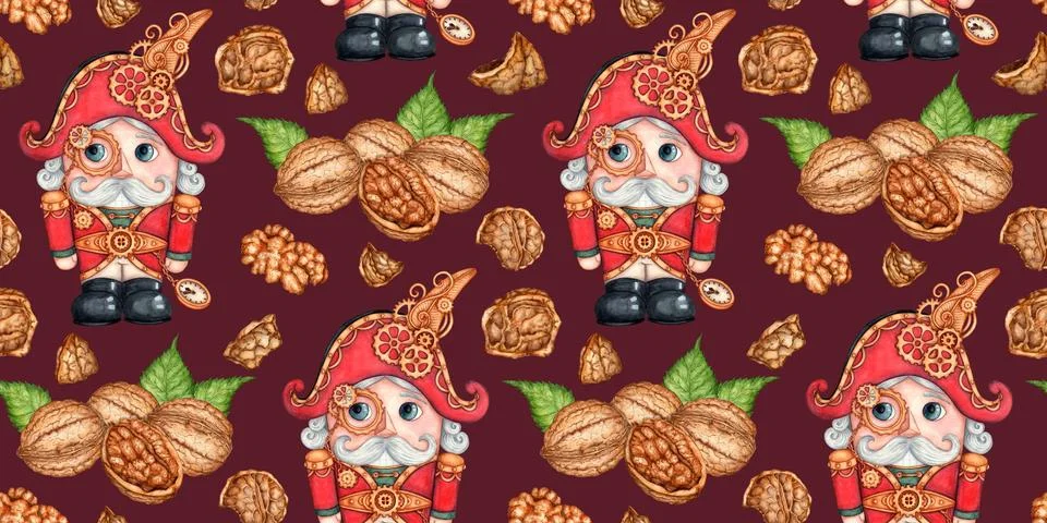 Nutcracker walnuts and shell pattern on burgundy watercolor background Stock Illustration