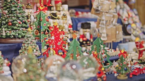 Nutcrackers and Christmas Decorations at Vienna Holiday Market Stall Stock Footage 321563019