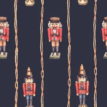 Nutcrackers seamless pattern. Wooden toy soldier. Christmas tree vintage Illustrazione stock