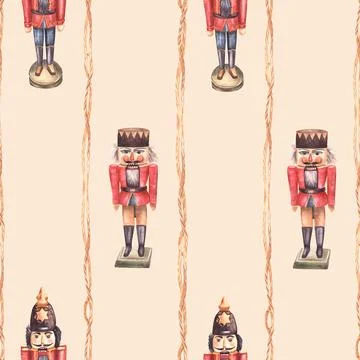 Nutcrackers seamless pattern. Wooden toy soldier. Christmas tree vintage Illustrazione stock