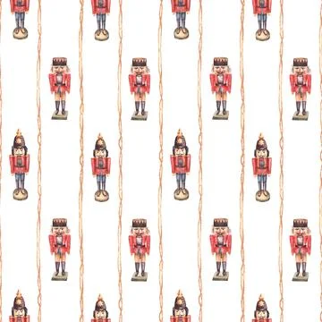 Nutcrackers seamless pattern. Wooden toy soldier. Christmas tree vintage Stock Illustration