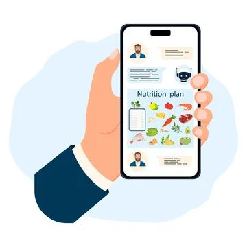 Nutrition app interface displaying meal plan and chat on smartphone screen .. Stock Illustration