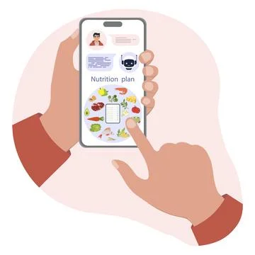 Nutrition plan app interface with users hands holding smartphone, displayin.. Stock Illustration