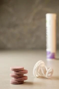 Nutritional effervescent tablets on a clean countertop in a modern kitchen Stock Photos