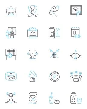 Nutritional intake linear icons set. Proteins, Carbohydrates, Fiber, Vitamins Stock Illustration