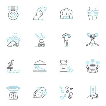 Nutritional intake linear icons set. Proteins, Carbohydrates, Fiber, Vitamins Illustrazione stock