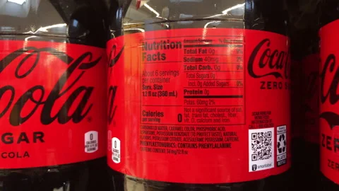 Nutritional Label and Ingredients of Zero Sugar Coca Cola, phenylalanine Stock Footage 224219105