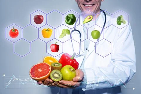 Nutritionist with fresh products on light background and images of different  Stock Photos