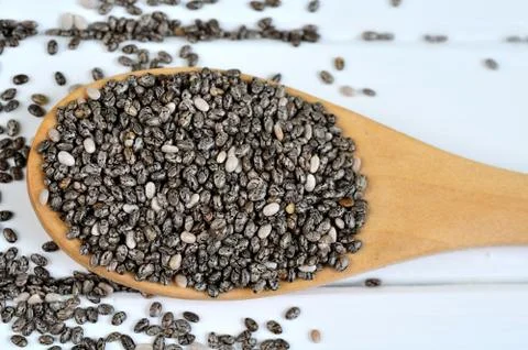 Nutritious chia seeds on a spoon Stock Photos