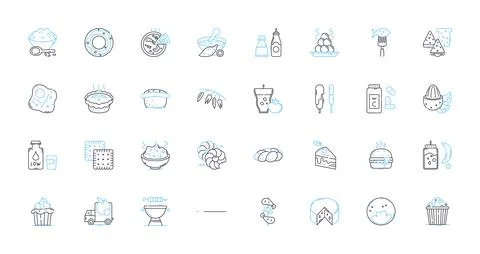 Nutritious meals linear icons set. Balanced, Wholesome, Nutrient-dense, Filling Stock Illustration