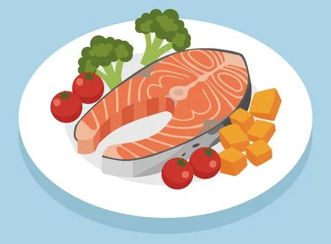 Nutritious salmon steak served on a plate with steamed broccoli, cherry tom.. Stock Illustration