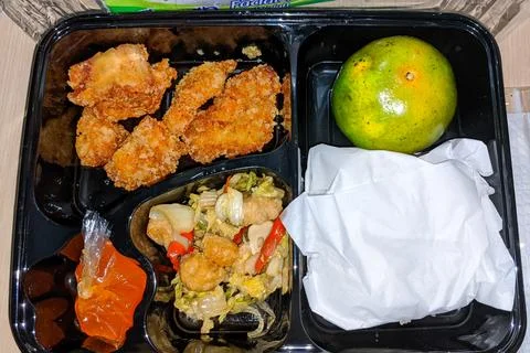 Nutritious school meal set with rice, side dish, and fresh ingredients. Stock Photos
