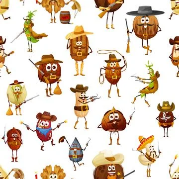 Nuts and beans cowboy characters seamless pattern Illustrazione stock