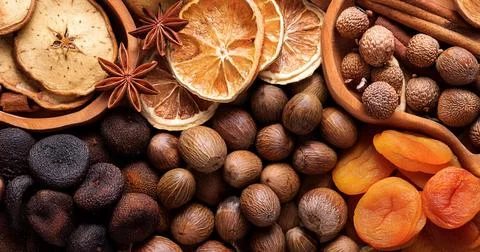 Nuts and dried fruit Stock Photos
