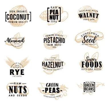 Nuts and fruit seeds vector sketch lettering Stock Illustration