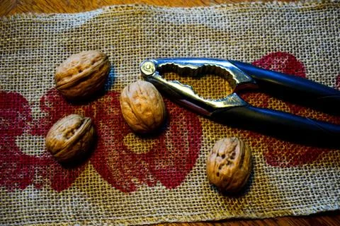 Nuts and a nutcracker are on a linen napkin. Stock Photos