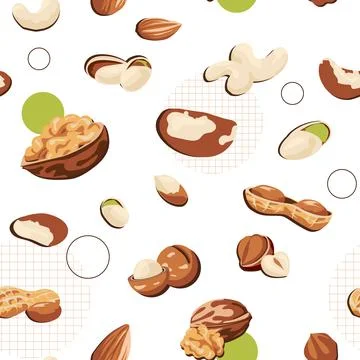 Nuts and seeds pattern. Cartoon seamless texture of healthy walnut nutrition Stock Illustration