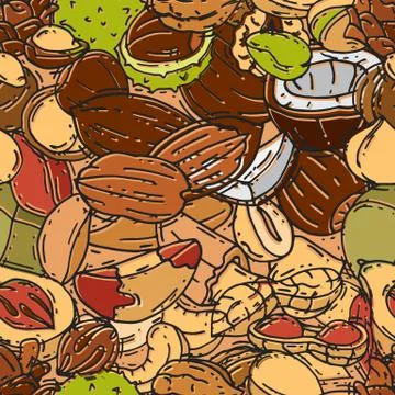 Nuts and seeds seamless pattern vector illustration. Different nut and seed Stock Illustration