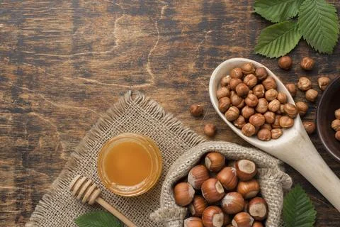 Nuts arrangement with copy space Stock Photos