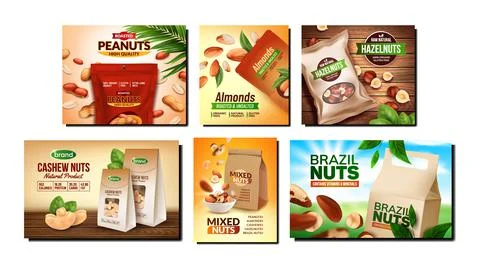 Nuts Assortment Creative Promo Posters Set Vector Stock Illustration