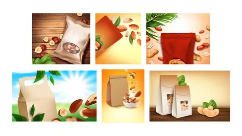 Nuts Assortment Creative Promo Posters Set Vector Stock Illustration