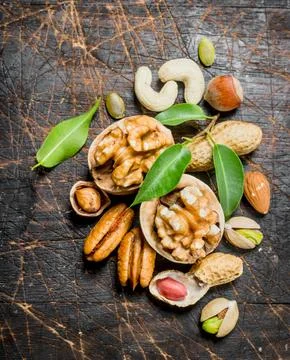 Nuts background. Assortment of different nuts with green leaves . Stock Photos