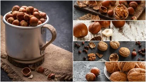 Nuts collage, different colorful nuts backgrounds. Healthy food Stock Photos