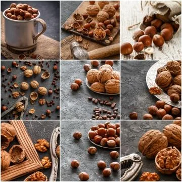 Nuts collage, different colorful nuts backgrounds. Healthy food Stock Photos