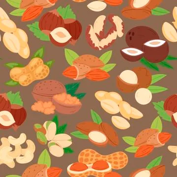 Nuts collection flat cartoon seamless pattern vector illustration. Peanut Stock Illustration