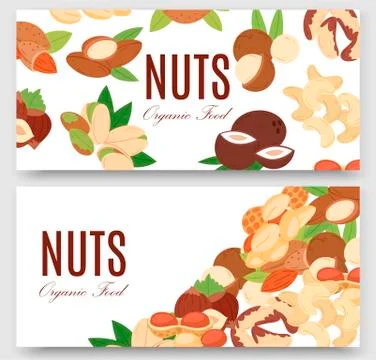 Nuts collection flat cartoon set of banners vector illustration. Peanut Stock Illustration