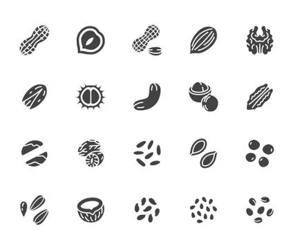 Nuts flat glyph icons set. Peanut, almond, chestnut, macadamia, cashew Stock Illustration