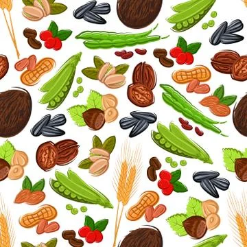 Nuts, grain, kernels, berries seamless background Illustrazione stock