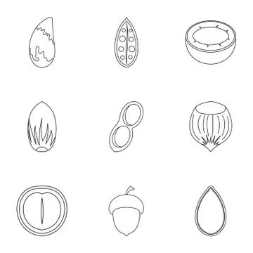 Nuts icon set, outline style Stock Illustration