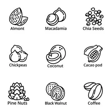 Nuts icon set, outline style Stock Illustration