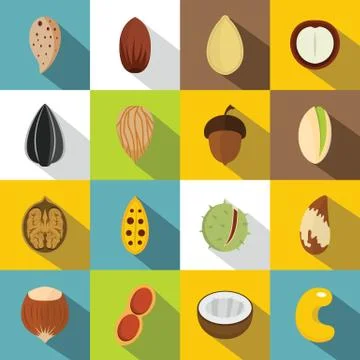 Nuts icons set, flat style Stock Illustration