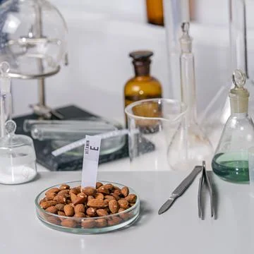 Nuts on the laboratory table with a name plate for vitamin E. Essential vitam Stock Photos
