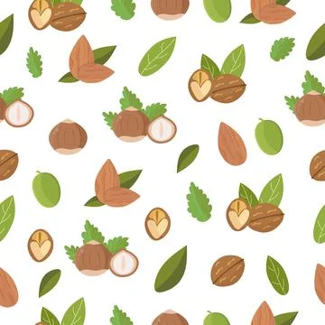 Nuts with leaf seamless pattern, hazelnut, almond, walnut on white background Illustrazione stock