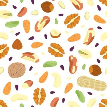 Nuts seamless pattern. Abstract mix seeds, raw ingredients, dried fruits and nut Illustrazione stock