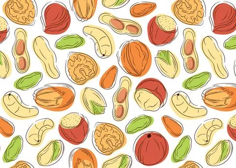 Nuts seamless pattern in line art, flat style. Pistachios, hazelnut, almond Illustrazione stock