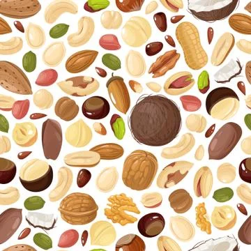 Nuts seamless pattern. Pecan and almond, macadamia and pistachios, peanut and Stock Illustration