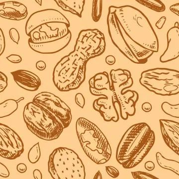 Nuts seamless pattern. Seeds and granule, corn and grain. Hazelnut, Walnut Stock Illustration