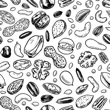 Nuts seamless pattern. Seeds and granule, corn and grain. Hazelnut, Walnut Stock Illustration